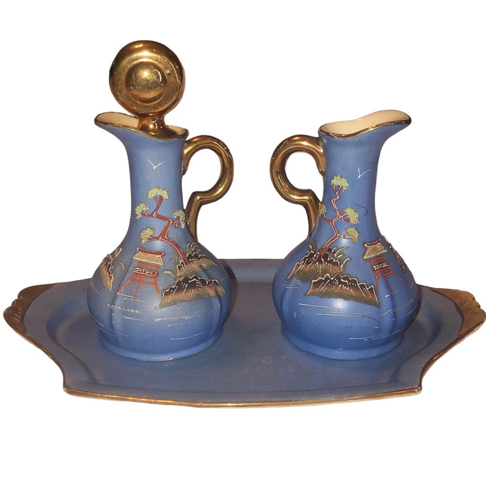 Vintage Hinode Made in Japan Cruets Oil Vinegar Blue Gold Tray Hand Painted